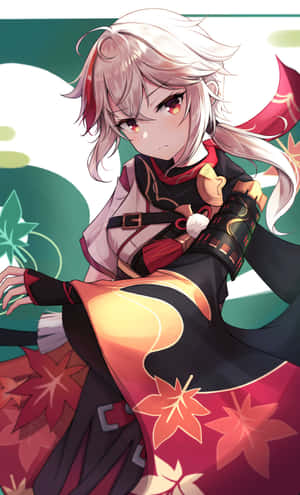 白髮紅眼動漫女孩穿著黑色和紅色的楓葉服裝。