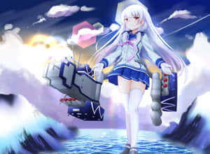 穿著水手服的動畫女孩在日落時分的海浪上手持海軍炮。