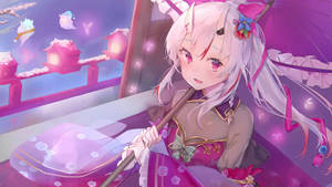 穿著粉紅色和服的動漫少女在積雪燈籠窗邊撐著陽傘