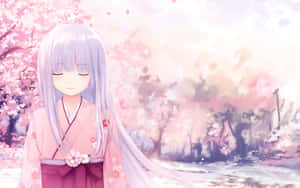 動漫少女身穿粉紅和服，在櫻花下閉眼 — 動漫女孩 壁紙