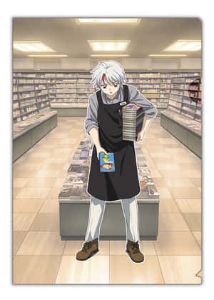 白髮動漫男孩在書店手持書籍和漫畫。 — 幽靈公主 壁紙
