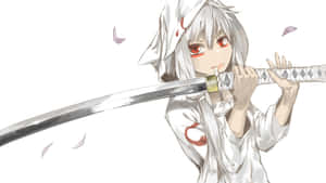 白髮紅眼動漫少女手持武士刀，粉紅色花瓣在她周圍飄落。 — 刀劍神域 GIF 壁紙