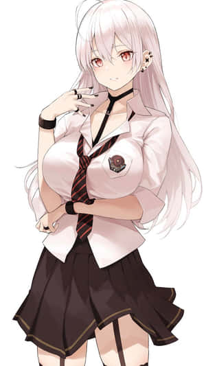 穿著校服的動漫女孩，蒼白頭髮和紅色眼睛，手靠近臉部擺姿勢。