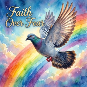 鴿子飛越彩虹，帶有Faith Over Fear文字的水彩風格。