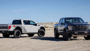 兩輛福特 Raptor 卡車停在沙漠中，夕陽西下。