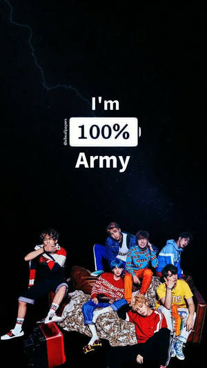 七位K-pop偶像在沙發上休息，天空有閃電和文字「I'm 100% Army」。