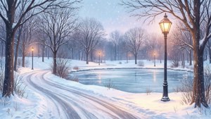 夜間結冰池塘旁白雪覆蓋的公園小徑與發光街燈