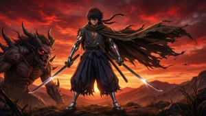 擁有機械臂的武士戰士在日落時分面對一隻惡魔怪物。 — 多羅羅 壁紙