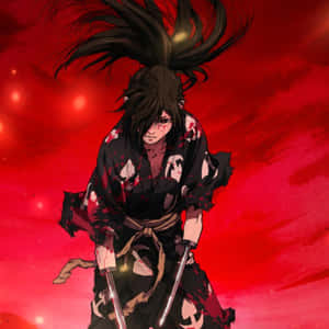 動漫戰士武士，血染和服，雙刀，背景為紅色天空。