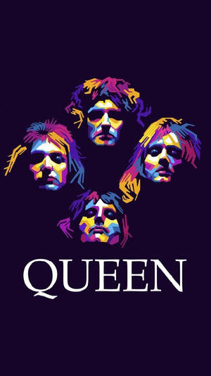 Queen 樂隊成員的彩色風格化肖像以圓形排列，下方有樂隊名稱。