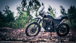 黑色 Royal Enfield 電單車停泊喺泥路，周圍係綠樹。 — 皇室 壁紙