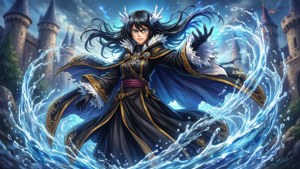 動漫法師在暴風雨中於城堡前控制水魔法。