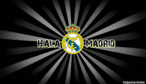 皇家馬德里足球會標誌，帶有「Hala Madrid」文字，背景為輻射狀條紋。
