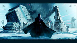 黑武士站在雪中，AT-AT步行機和戰鬥機器人在科幻戰鬥場景中前進。