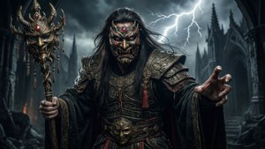 身穿華麗盔甲的惡魔戰士，在閃電風暴下靠近哥德式大教堂，手持帶刺的杖和面具