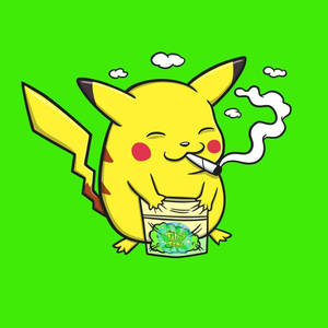 比卡超喺綠色背景上食煙，揸住一袋大麻。