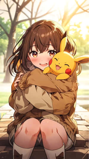 穿棕色外套的動漫女孩在陽光公園的石階上擁抱比卡超 — 黃色 壁紙