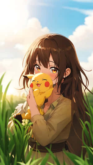 年輕動漫女孩在陽光明媚的草地上擁抱比卡超 — 黃色 壁紙