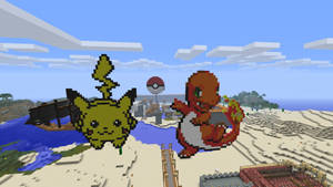 比卡超和車厘龜以Minecraft像素藝術風格出現在村莊附近的海灘上。 — 皮卡丘 壁紙