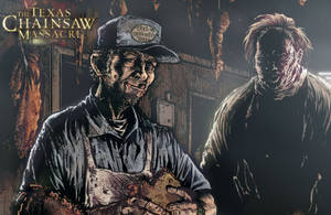 Leatherface 手持電鋸，身後有一個喪屍在屠宰場。