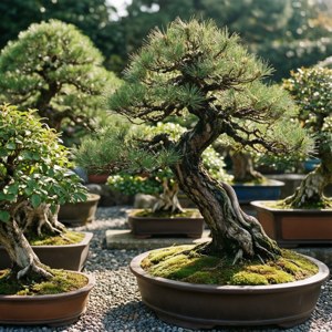 盆栽松樹在花盆中帶有苔蘚，在礫石花園小徑上 — 花園 壁紙