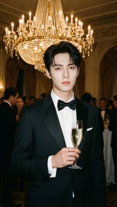 身穿黑色燕尾服的男士在正式活動中，於華麗吊燈下手持香檳杯