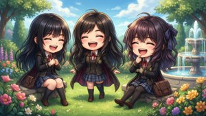 三個動畫女學生在花園裡笑著，旁邊有噴泉和色彩繽紛的花朵。 — 火焰之紋章 風花雪月 壁紙