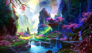 奇幻山谷，有漂浮的寶塔、瀑布和粉紅色的櫻花，在閃耀的天空下。