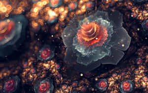 發光的半透明花朵帶有火熱的花心，漂浮在閃爍的宇宙場景中。 — 圖案 壁紙