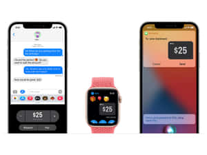 三部 Apple 裝置顯示一筆進行中的 $25 Apple Pay 交易。