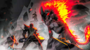戰士們在黑暗的森林中與燃燒的惡魔怪物戰鬥。 — 遊戲 壁紙