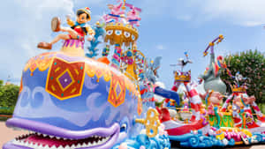 一個色彩繽紛的巡遊花車，上面有鯨魚和皮諾丘，在主題公園內。