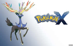 哲爾尼亞斯寶可夢角色，帶有彩色角，旁邊是Pokémon X標誌。