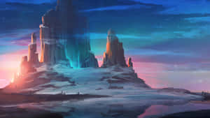 在星光暮色天空下閃耀著極光的雪山