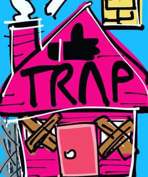 粉紅色房子，帶有「TRAP」塗鴉和木板封住的窗戶，襯著藍天。