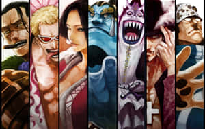 來自《One Piece》的七個強烈動漫角色，以垂直肖像面板展示。 — 海賊王 壁紙