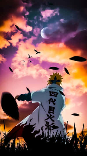 白色斗篷的動漫忍者面向充滿活力的夕陽，伴隨著月亮和落葉。 — 漩渦鳴人 壁紙