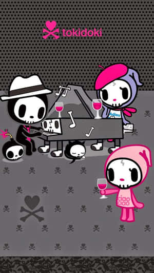Tokidoki 卡通角色在骷髏主題房間喝葡萄酒和彈鋼琴。