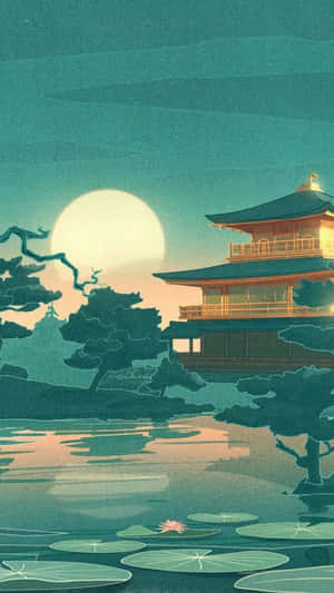 一座發光的日本寶塔，位於月光照耀的睡蓮池塘旁。