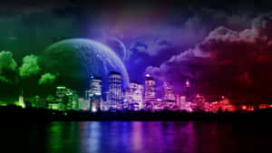 未來城市天際線夜景，帶有外星行星和水面上的霓虹反射。