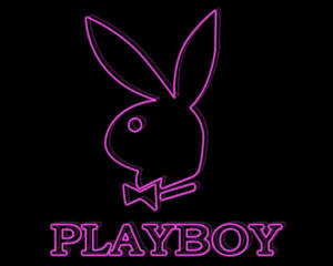 紫色霓虹燈Playboy兔仔標誌，附有蝴蝶結和文字，背景為黑色。