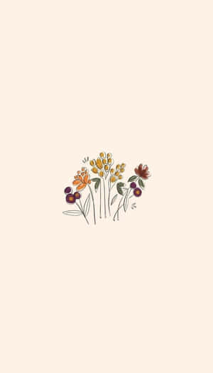 簡約花卉插圖，橙色、紫色和黃色的花朵在米色背景上。