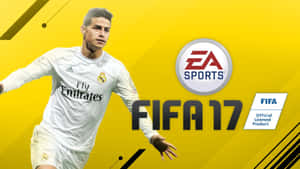 黃色FIFA 17遊戲封面上的白色皇家馬德里球衣足球運動員。