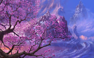 紫色盛開的樹與雪山的對比。 — 粉紅動漫美學 壁紙