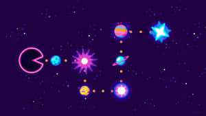 螢光 Pac-Man 在充滿行星和星星的彩色太空中旅行。