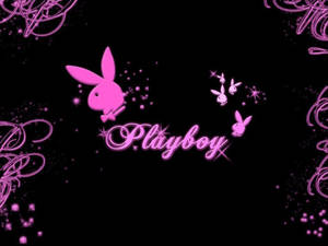 粉紅色Playboy標誌，帶有兔仔符號和閃爍星星，背景為黑色。