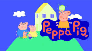 Peppa Pig 一家企喺山丘上，屋喺後面。