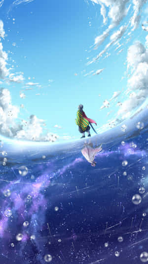 動漫角色站在彎曲的世界邊緣，上方是星空虛空，下方是明亮的天空。 — 鬼滅之刃 壁紙