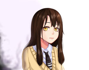 棕色長髮金色眼睛的動漫女孩穿著校服
