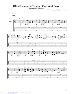 Blind Lemon Jefferson《One Kind Favor》的樂譜，附結他指法和音符。